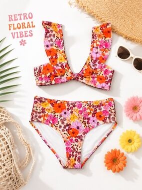 Retro Floral High Waisted Bikini Set Pink Orange Ruffle Swimwear